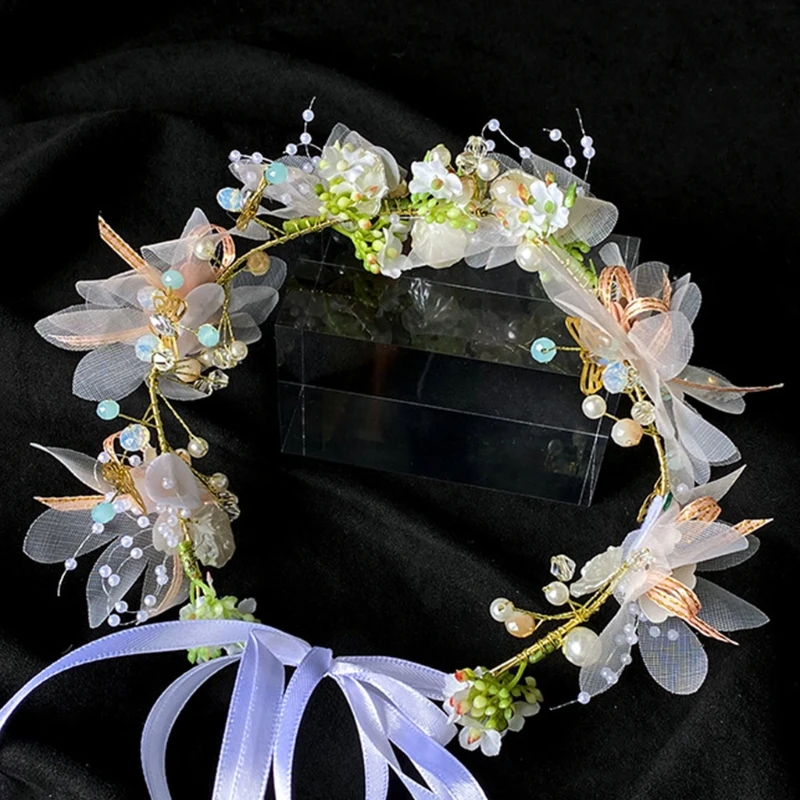 

Bride Princess Artificial Flower Garland Head Crown with Adjustable Ribbon Wedding Holiday Hair Wreath Halo Tiara Headband Brace