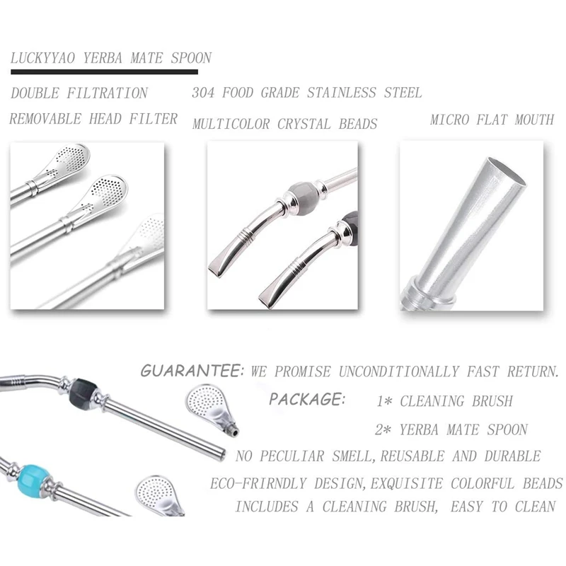 

Stainless Steel Spoon Straw 8.5inch Yerba Mate Bombillas Head Filte,Set of 2 Starw Brush for Gourd Cup Mate Set