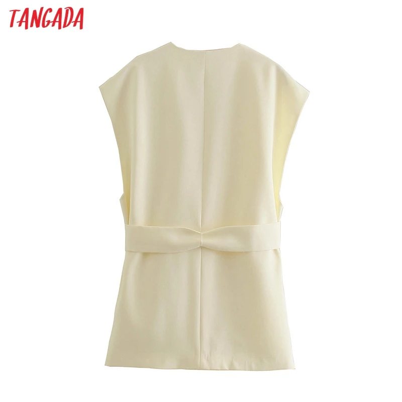 

Tangada Women 2021 Fashion Elegant Office Lady Beige Vest with Slash V Neck Sleeveless Female Waistcoat Chic Tops QD22