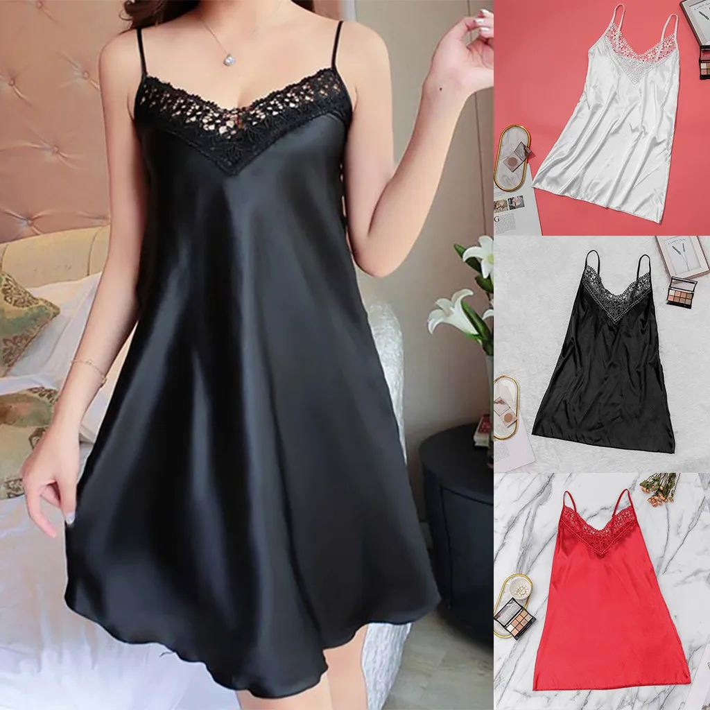 Женская атласная ночная рубашка женское белье сексуальная сорочка с накладками