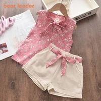 bear leader children clothes girls set cute bow knot sleeveless print pattern top fashion short pant with belt suit for kid girl