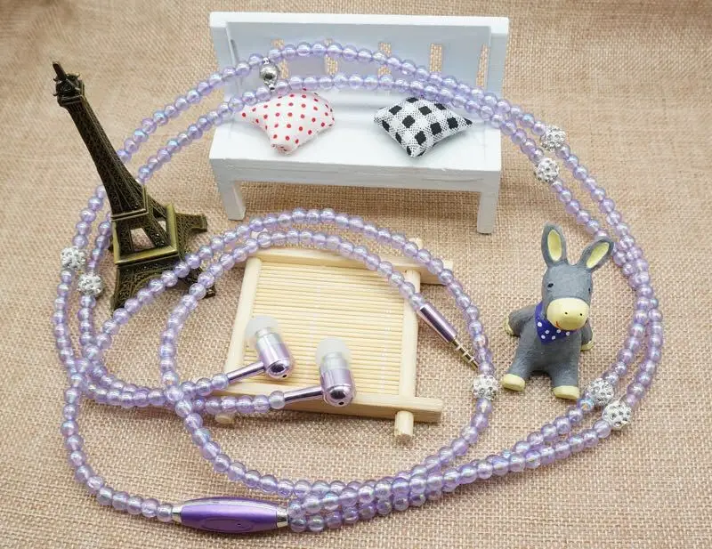 Purple Жемчужное ожерелье с наушниками в уши розовое ожерелье со стразами ювелирные изделия бусы наушники с микрофоном для samsung Xiaomi Brithday подарки для девочек - Цвет: Purple