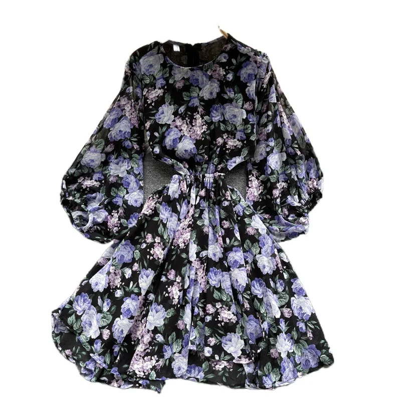 

2021 New Spring Summer Seaside Vacation Vestidos Women's Round Neck Lantern Sleeve Hollow Waist Short Floral Mini Dress GK731