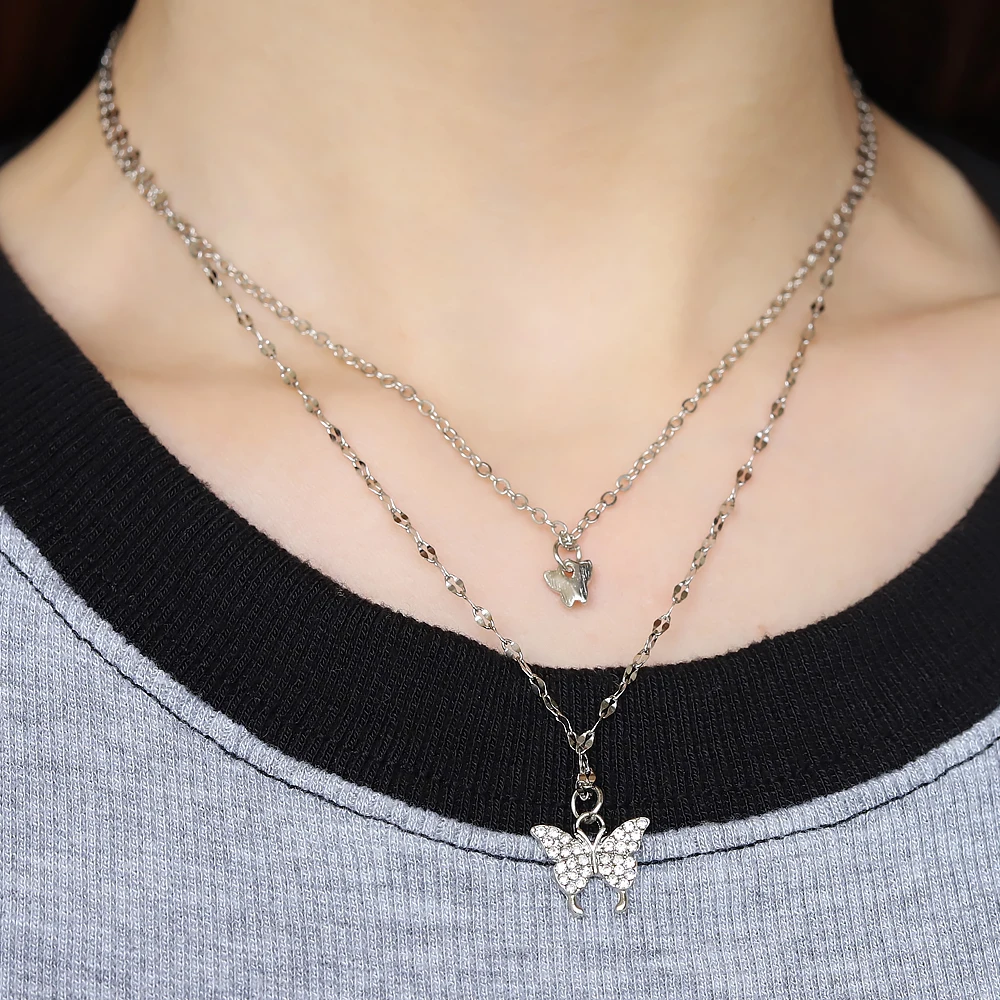 

Fashion Temperament Flash Crystal Butterfly Double Necklace for Women Simple Design Crystal Elegant Wedding Jewelry Gifts