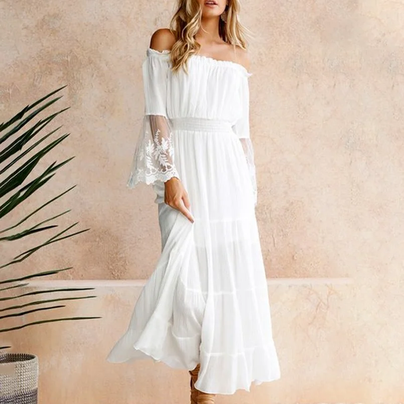 

Bare Shoulders Dress With Embroidery Lace Patchwork Formal Dress Women Pleated Sukienka Sexy A Line Draped White Dress Elegant
