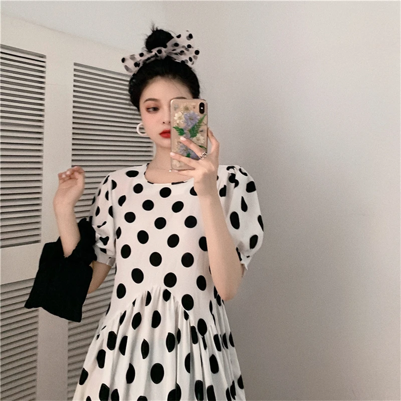 

Summer Women Chiffon Dress Casual Short Sleeve Polka Dot Dress Mini Party Dress Elegant V Neck Skirt M106
