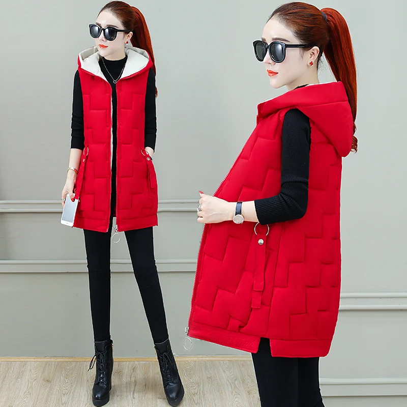 Женский хлопковый жилет на молнии с капюшоном Длинный безрукавка|Жилеты и