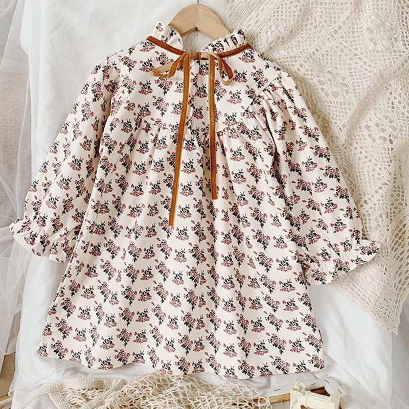 2023 New Spring Autumn Kids Long Sleeve Floral Dress For Girls Baby Korean Style Loose Retro Dress Kids Children Clothing