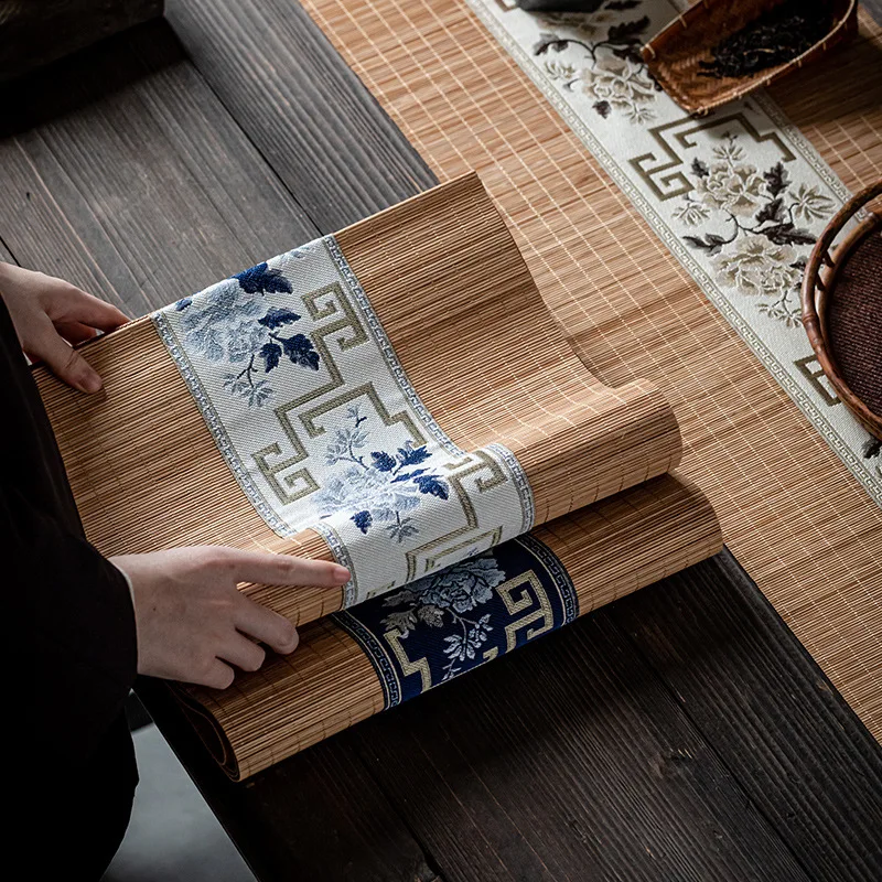 

Bamboo Table Runner Embroidery Tea Mat Classical Placemat Pad Heat-insulation Anti-skid Natural Tablecloth Home Vintage Decor