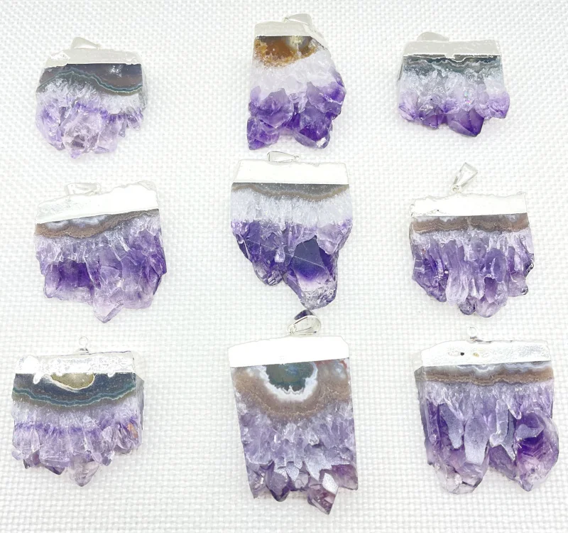 6pcs Natural Gem stone Amethyst Slice Druzy Pendant Purple Crystal Quartz Male Rough Slab Geode For DIY Jewelry Making Necklaces
