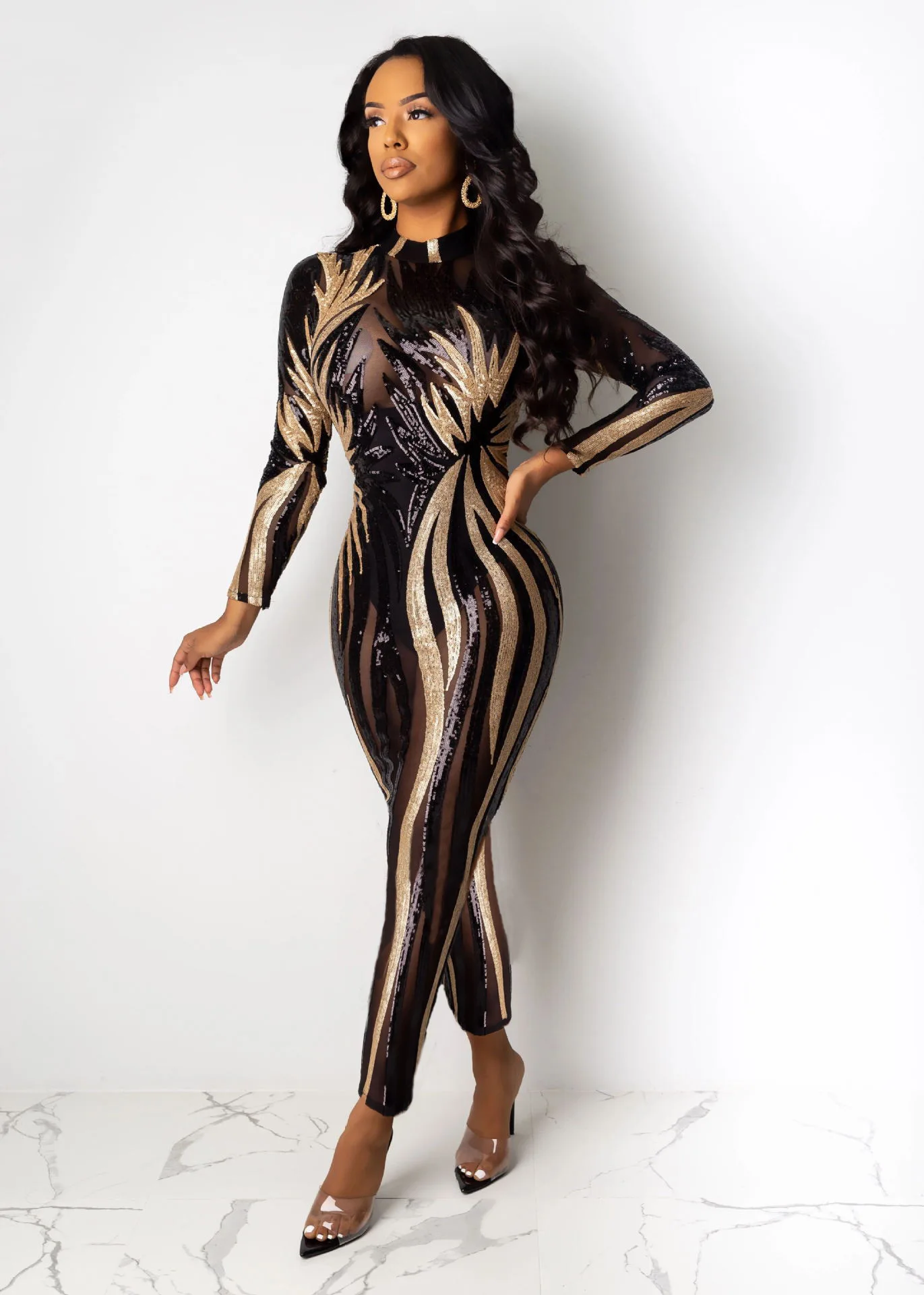 

2020 Sexy Sequined Jumpsuit See-through Slim Round Neck Long Sleeve Party Woman Jumpsuit Factory Direct Retail Wholesale