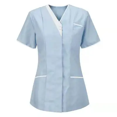 

Women Short Sleeve V-neck Tops Working Uniform Floral Print Pocket Blouse Overalls Nurse Accessories
