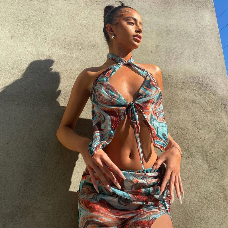 

Женские комплекты FUFUCAILLM из 2 предметов, Открытый Топ с открытой спиной и шнуровкой через шею и юбка с рюшами и разрезом, летние комплекты пла...