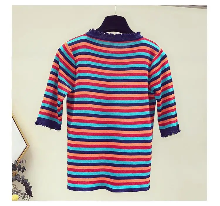 Женский облегающий вязаный свитер в радужную полоску короткий пуловер с