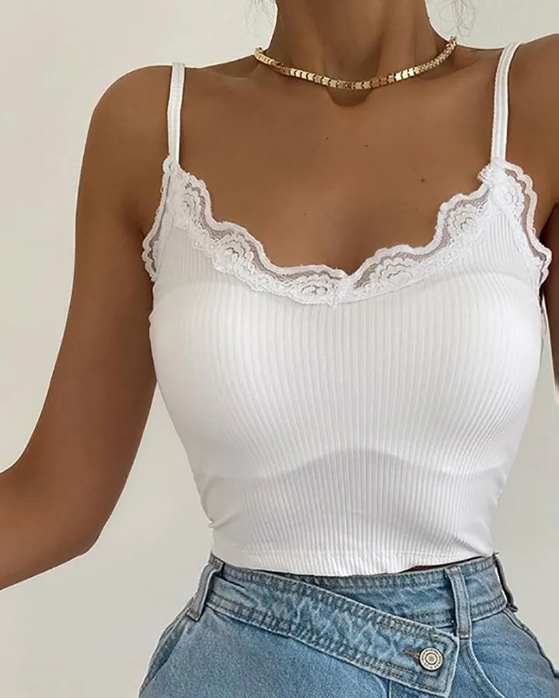 

2021 Summer New Fashion White Suspender Arc Lace Pit Strip Top for Women