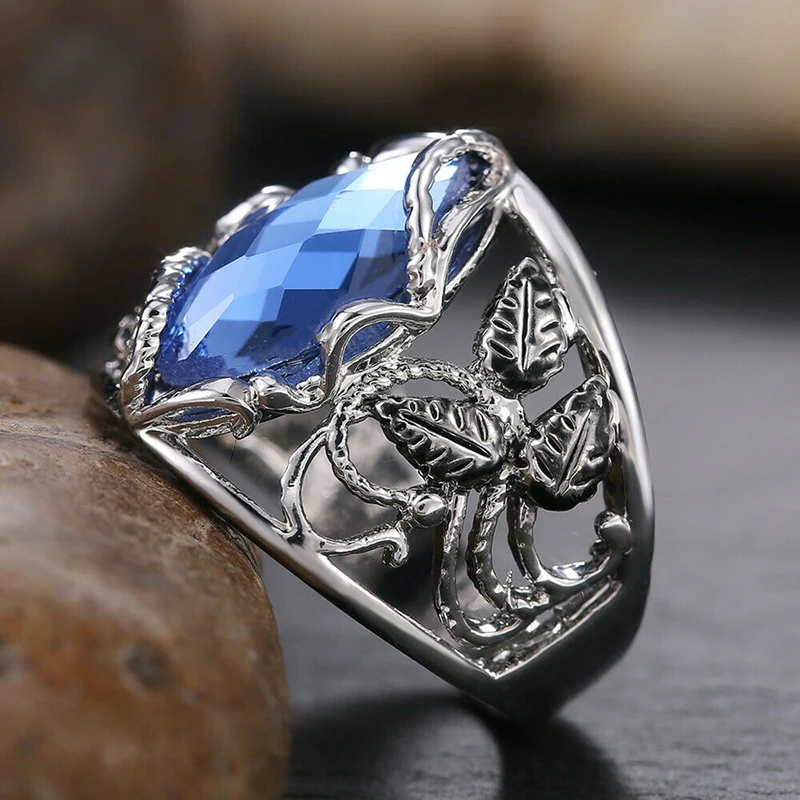 Женское кольцо с синим цирконом обручальное подвеской в виде листьев | Украшения