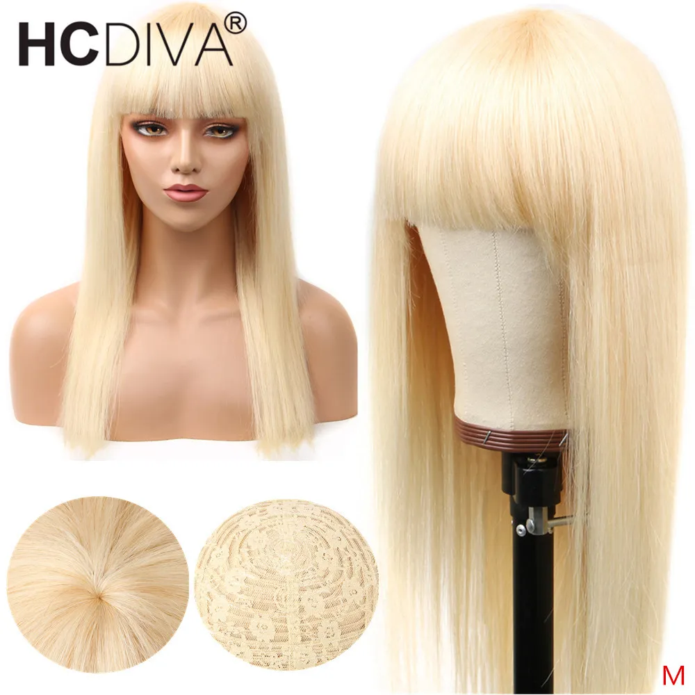 Парик из человеческих волос 613 блонд прямые волосы с челкой 150% предварительно