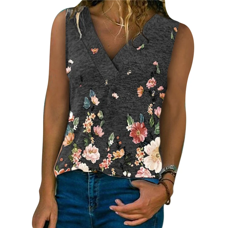 

Flowers Printed Tank Top 2021 New Fashion Women Sleeveless Vests Summer Loose Casual V-neck T-shirts Female Trendy Streetwear