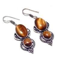 genuine tiger eye silver overlay on copper earrings hand made jewelry gift