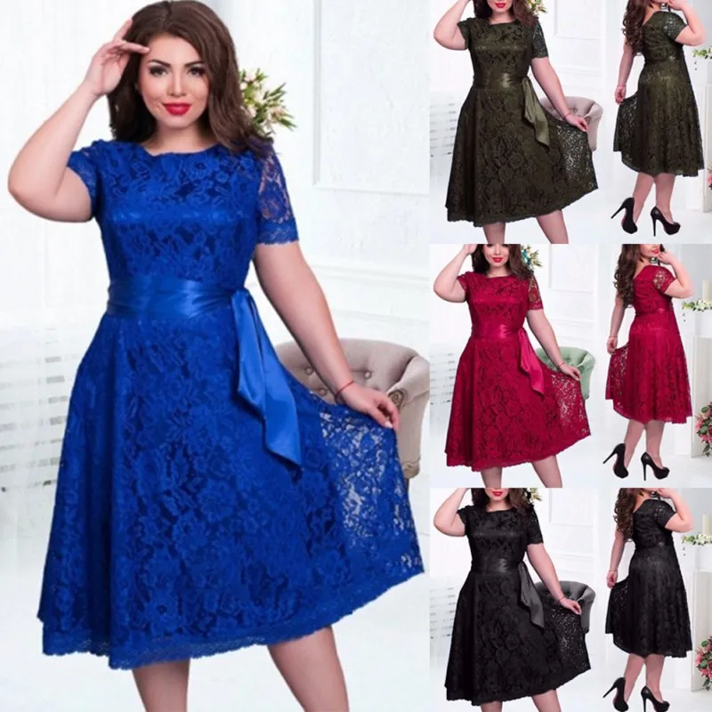 

Vestidos Party Dresses Women Short Sleeve Lace Dress Fit Flare Solid Empire O Neck Lace Sashes Dresses Plus Size 6XL