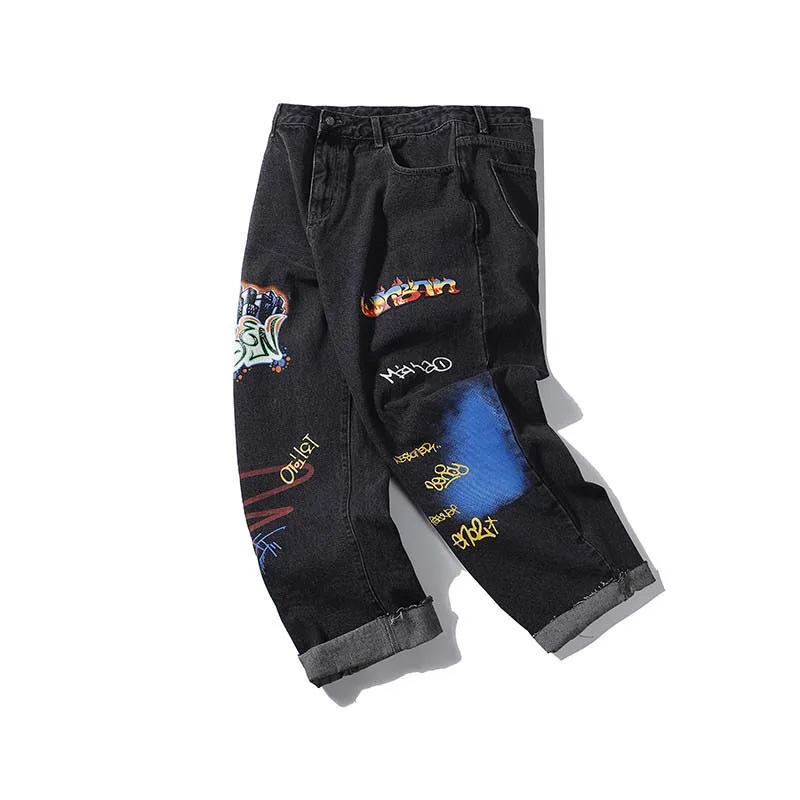 

Graffiti Printed Raw Jeans Men's Loose Straight Pants Street Casual distressed jeans men HD-B055