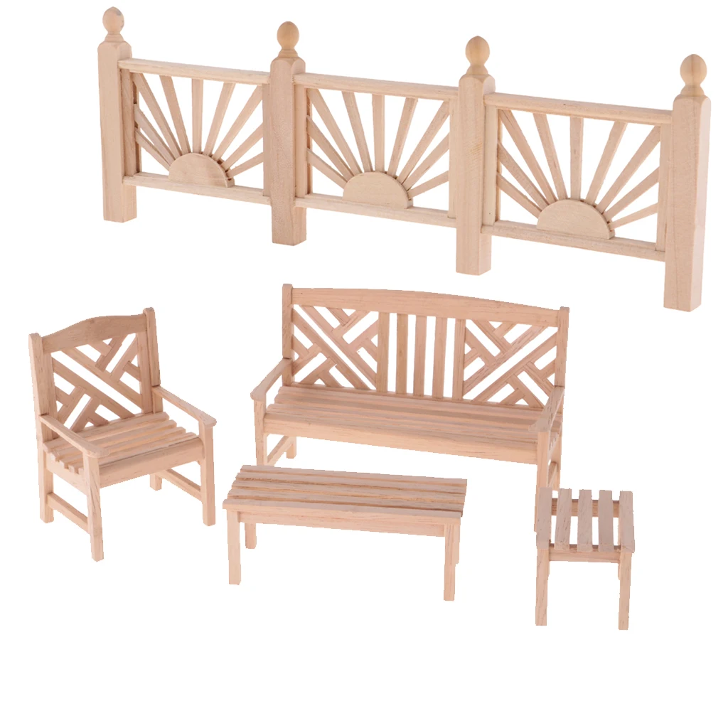 

Vintage Style 5pcs Unpainted 1/12 Garden Bench Table Rail Fence Dolls House DIY Furniture Accessories