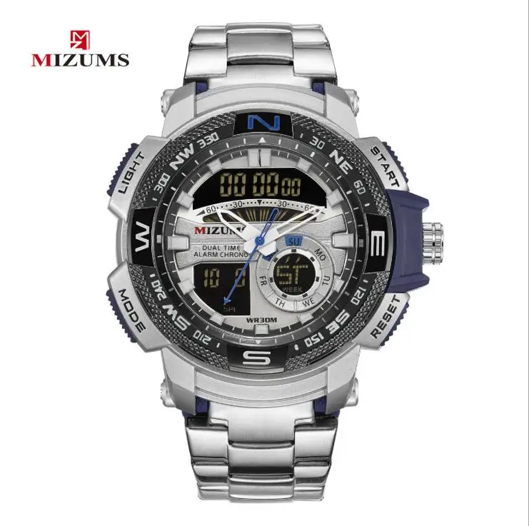 Silver Blue MIZUMS, новинка, военные наручные часы, светодиодный, цифровые, спортивные часы для мужчин, нержавеющая сталь, ремешок, двойное время, кварцевые часы, мужские часы - Цвет: Silver Blue