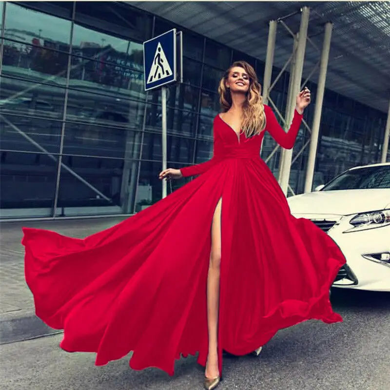 

Women's Fashion Long Sleeve Low Collar Party Dress Formal Solid Color Ankle Length Split Evening Long Dress Spring And Autumn