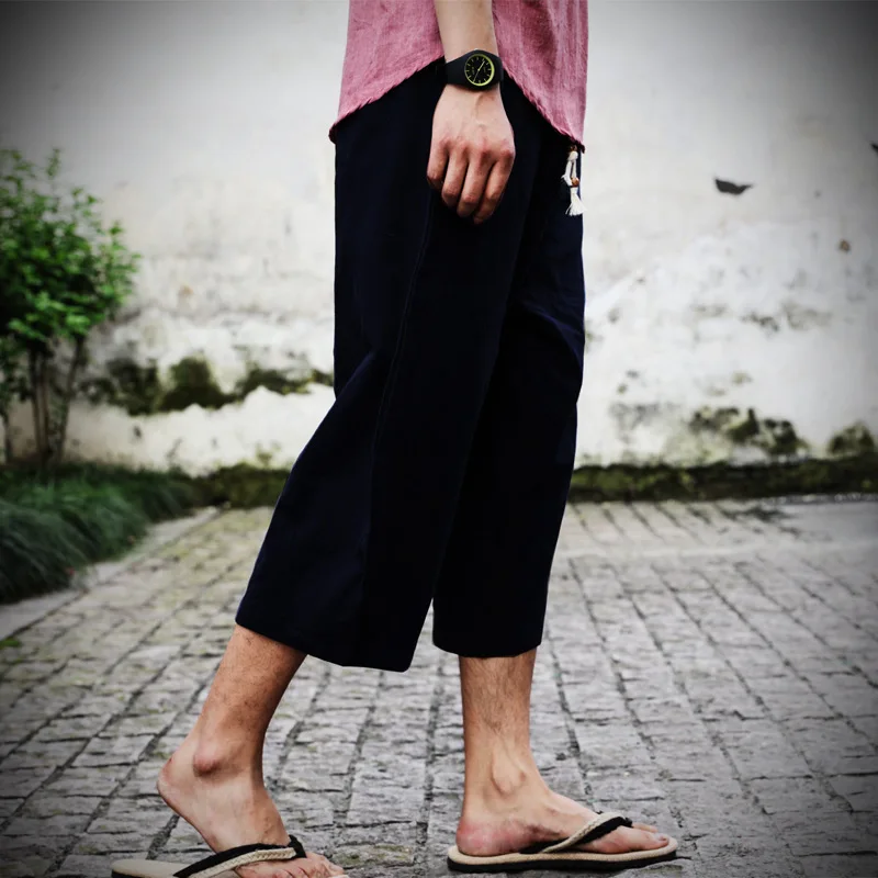 

HaleyChan Men's Harem Pants Japanese Linen Casual Pants Summer Retro Chinese Style Drawstring Cotton and Linen Cropped Pants