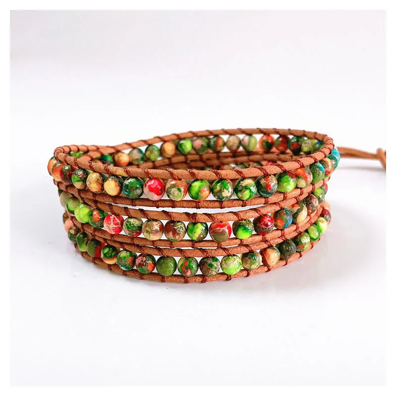 Colorful King Stone Triple Leather Wrap Bracelet for Women Fancy Stone Handmade Multilayer Mala Beads Leather Jewelry Woman's