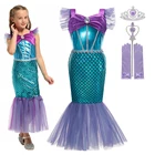 Детское платье-Русалка с блестками для девочек, Тюлевая кружевная приталенная одежда с оборками и принтом в виде рыбок, костюмы принцессы, детский подарок на день рождения