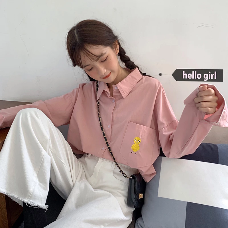 

print turn-down collar tops casual long sleeve pockets Women Clothing Korean style fashion brand spring fall new Blouses Shirts