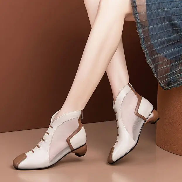 

2021 new chunky heel bunchtoe sandals for women soft leather mesh boots for women with hollow mesh heel four season single shoe