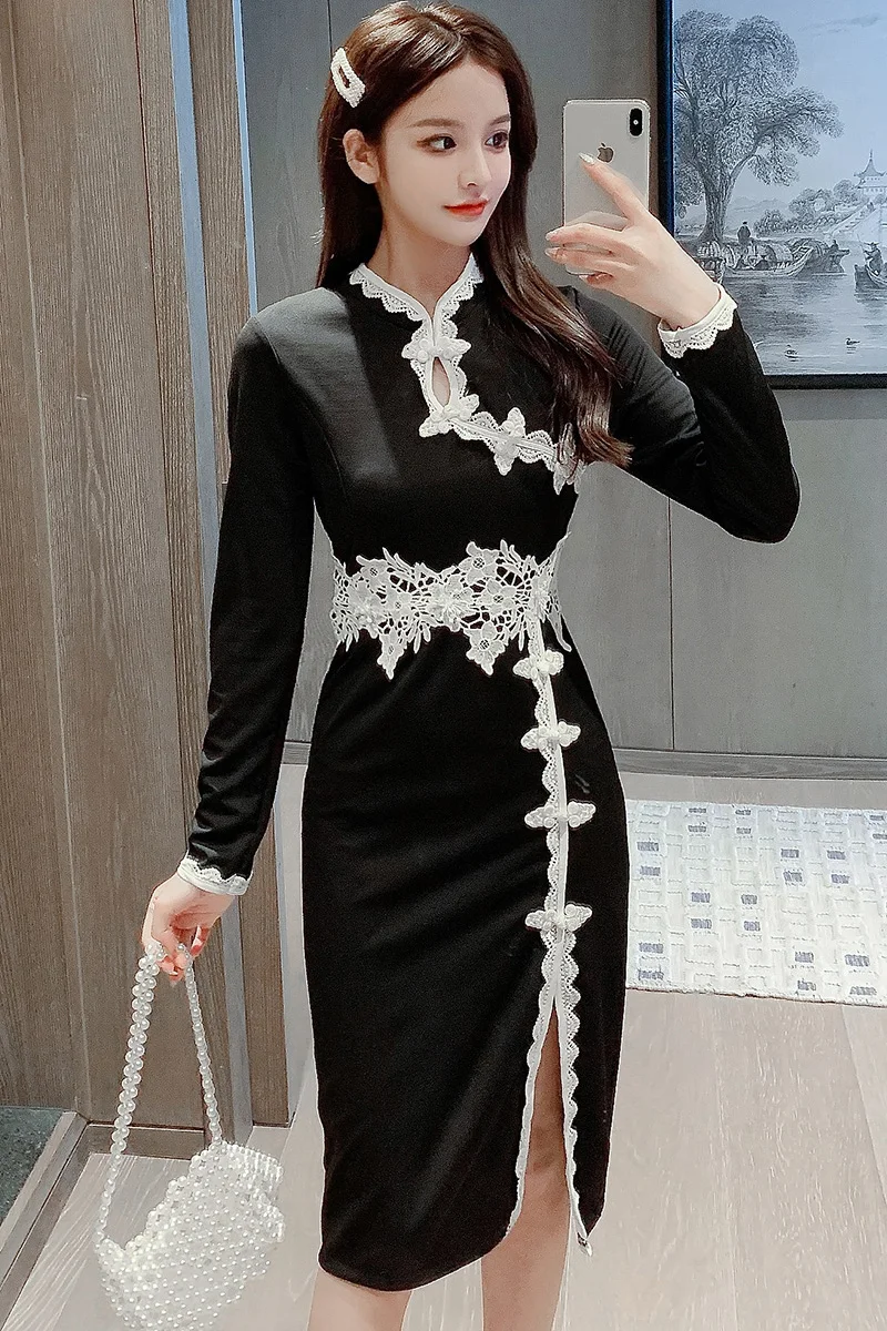 

COIGARSAM Fashion Women one-piece dress korean New Spring Cheongsam Vintage Dresses Red Black 8052