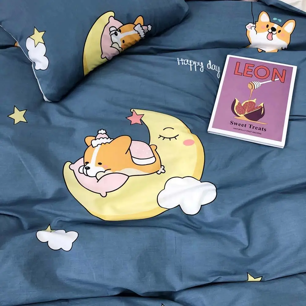 47 Cartoon Blue Corgi Moon Duvet Cover Set Kids Children Flat Sheet Cotton Bedlinens Twin Queen Bedding Sets Pillowcases | Дом и сад