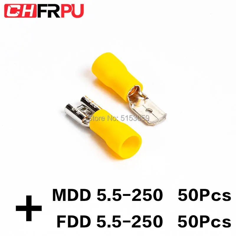 100 шт. 6,3 мм 12-10AWG FDFD/FDD/MDD 5,5-250 Женский Мужской изолированный Электрический обжим терминал для 4-6mm2 кабельный провод разъем