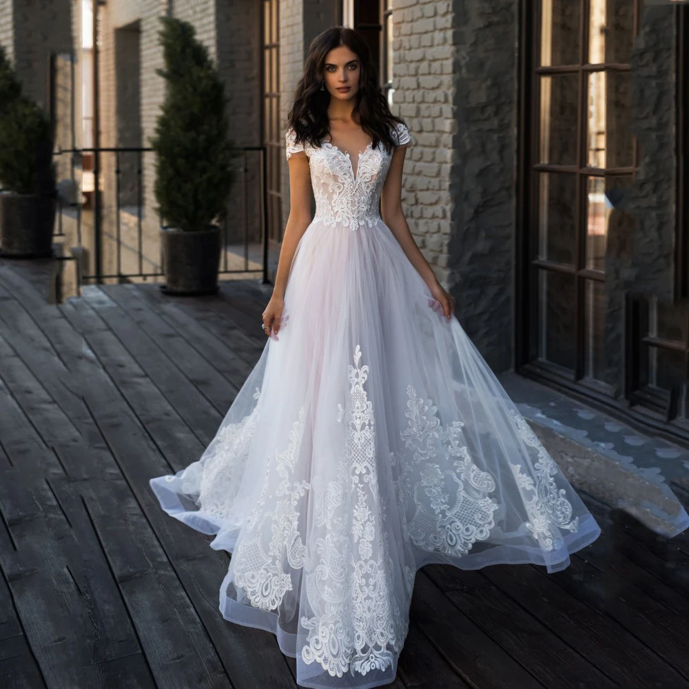 

New Arrival V-Neck Cap Sleeve Beads Appliques Lace A Line Wedding Dresses 2021 Tulle Boho Bridal Gown Vestido De Noiva