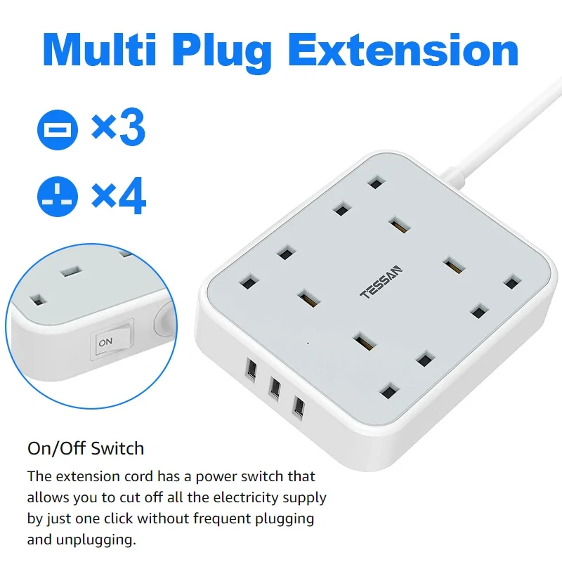 

TESSAN Multiple Socket Wall Mounted Power Strip With 4 Way UK Outlets and 3 USB Ports Switch 2M Extension Cable for Home, Office