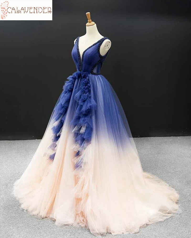 V-Neck Ball Gown Prom Dresses Contrast Color Beaded Evening Dresses Sleeveless Ruffle Tulle Robe De Soiree