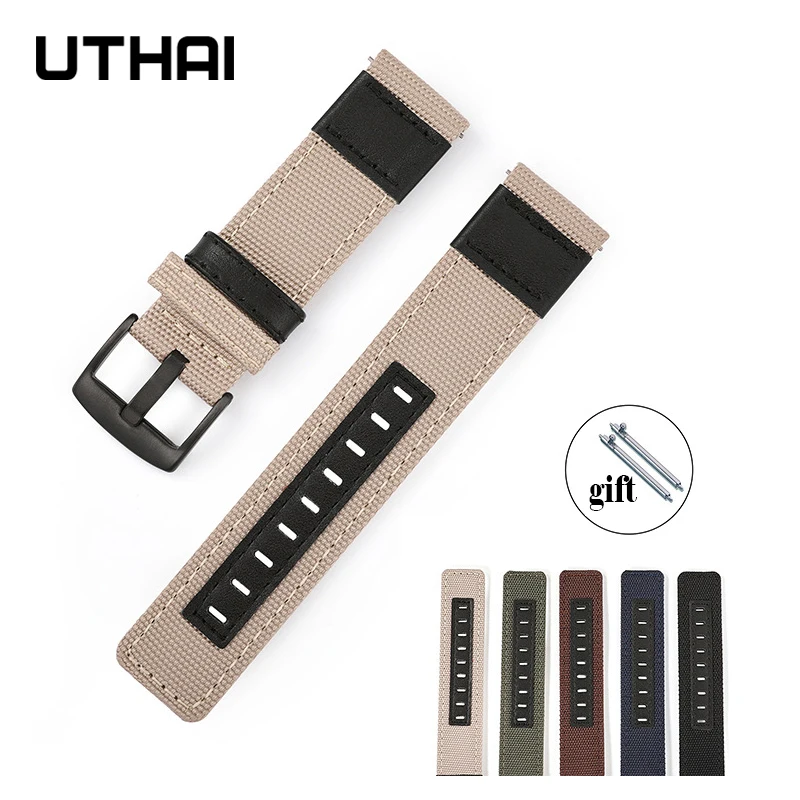 

Ремешок UTHAI Z46 для наручных часов, нейлоновый холщовый смарт-браслет для часов, из натуральной кожи, чёрный зелёный красный, 20 мм 22 мм