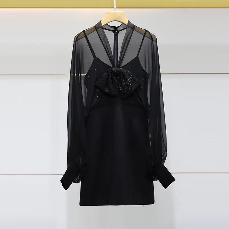 

Новинка весны 2021, сексуальное Сетчатое платье с блестками и длинным рукавом, тонкое женское платье n10c2903