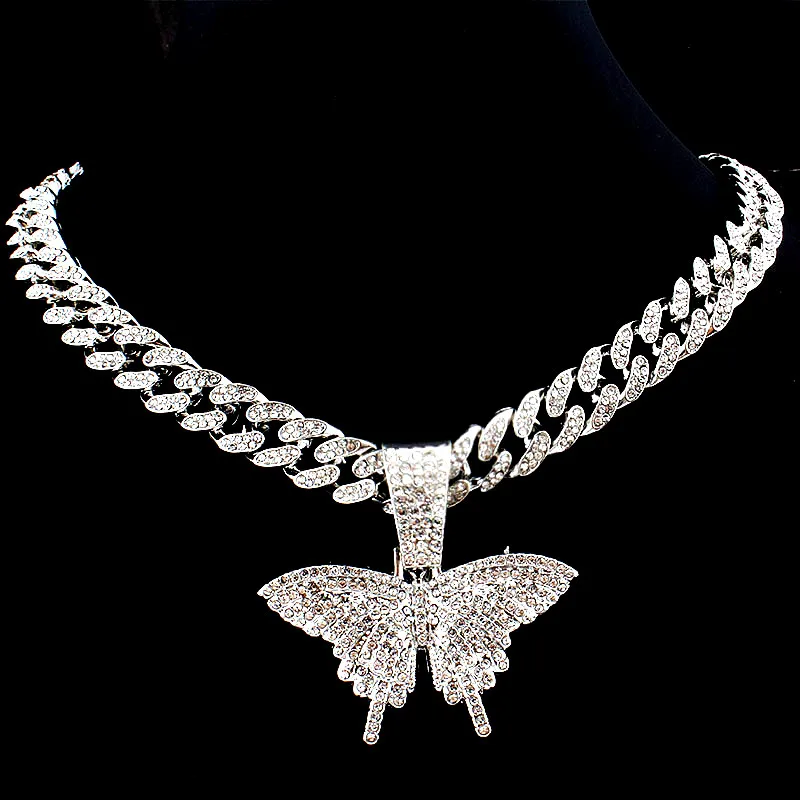 

Men Hip Hop Butterfly Pendant Necklace with 12mm Miami Cuban Chain Iced Out Bling Rapper Rock Choker Necklace Male Charm Jewelry