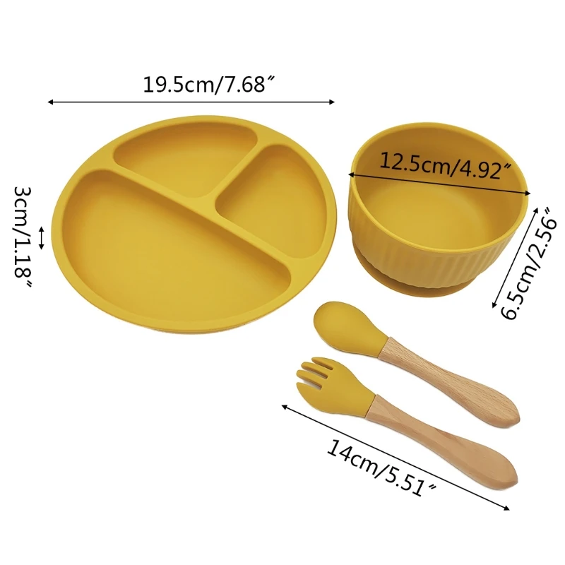 

4 Pcs Baby Silicone Divided Dinner Plate Sucker Bowl Spoon Fork Set Tableware J60B
