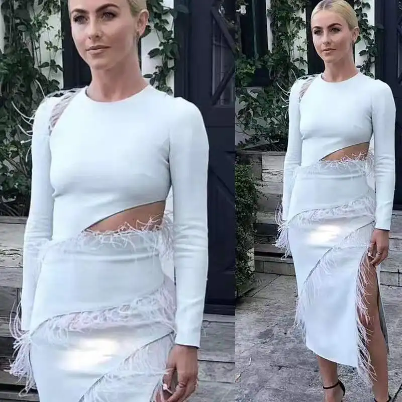

White Elegant Feather Long Sleeve Midi Dress 2019 New Women Bandage Sexy Hollow Out Close-fitting Round Neck Party Vestidos