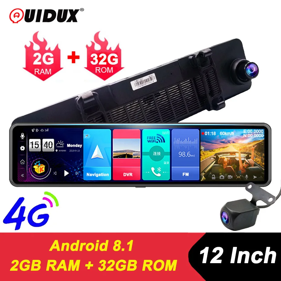 

QUIDUX NEW 4G Android 8.1 Car DVR Camera GPS 12" Rearview mirror 2G RAM 32G ROM dash cam Video recorder ADAS Parking Monitoring