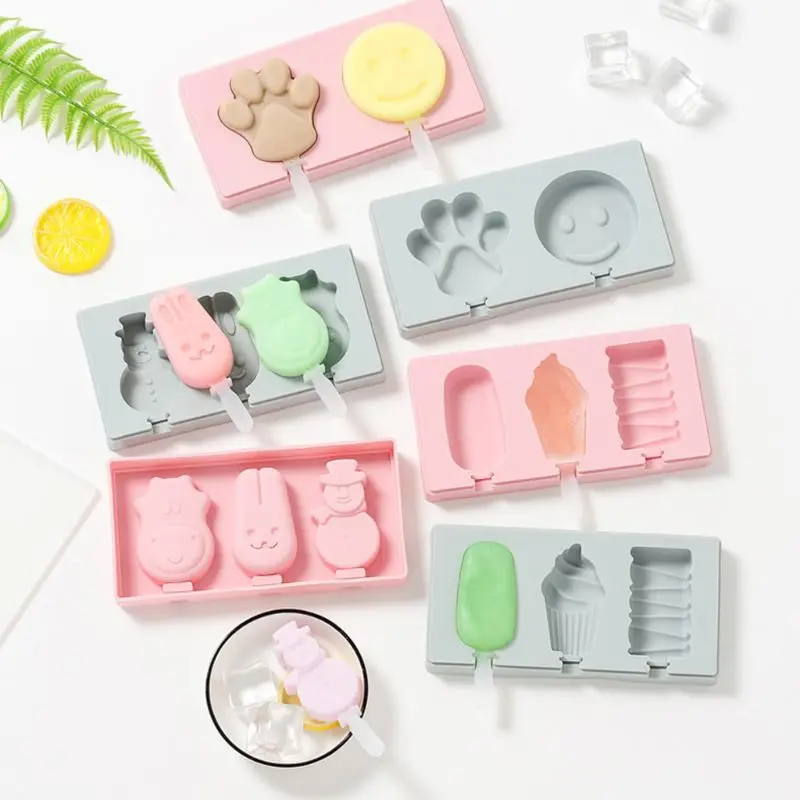 

Food Safe Silicone Ice Cream Molds with Lid 3 Cell Cartoon Lolly Mould Maker DIY Homemade