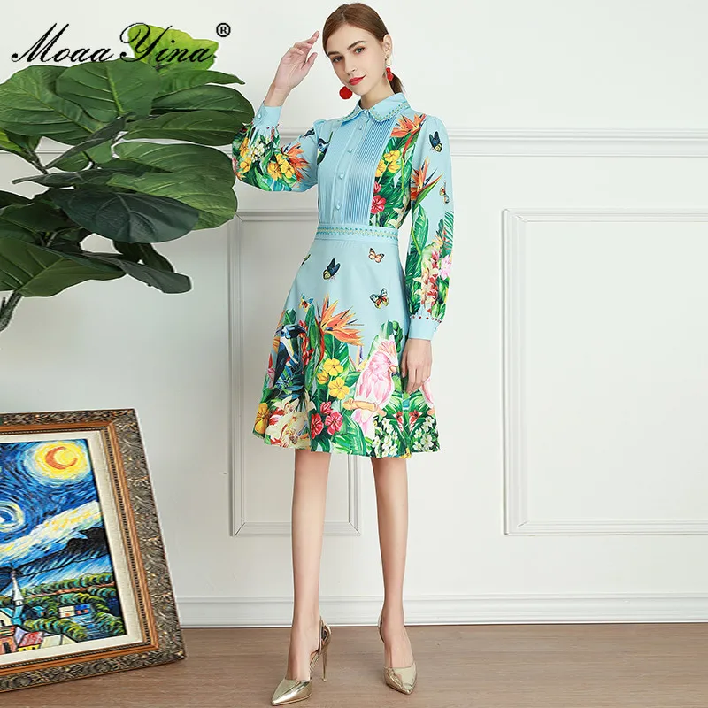 

MoaaYina Fashion Designer dress Summer Women's Dress Beaded Turn-down Collar Long sleeve Ruched Floral-Print Dresses