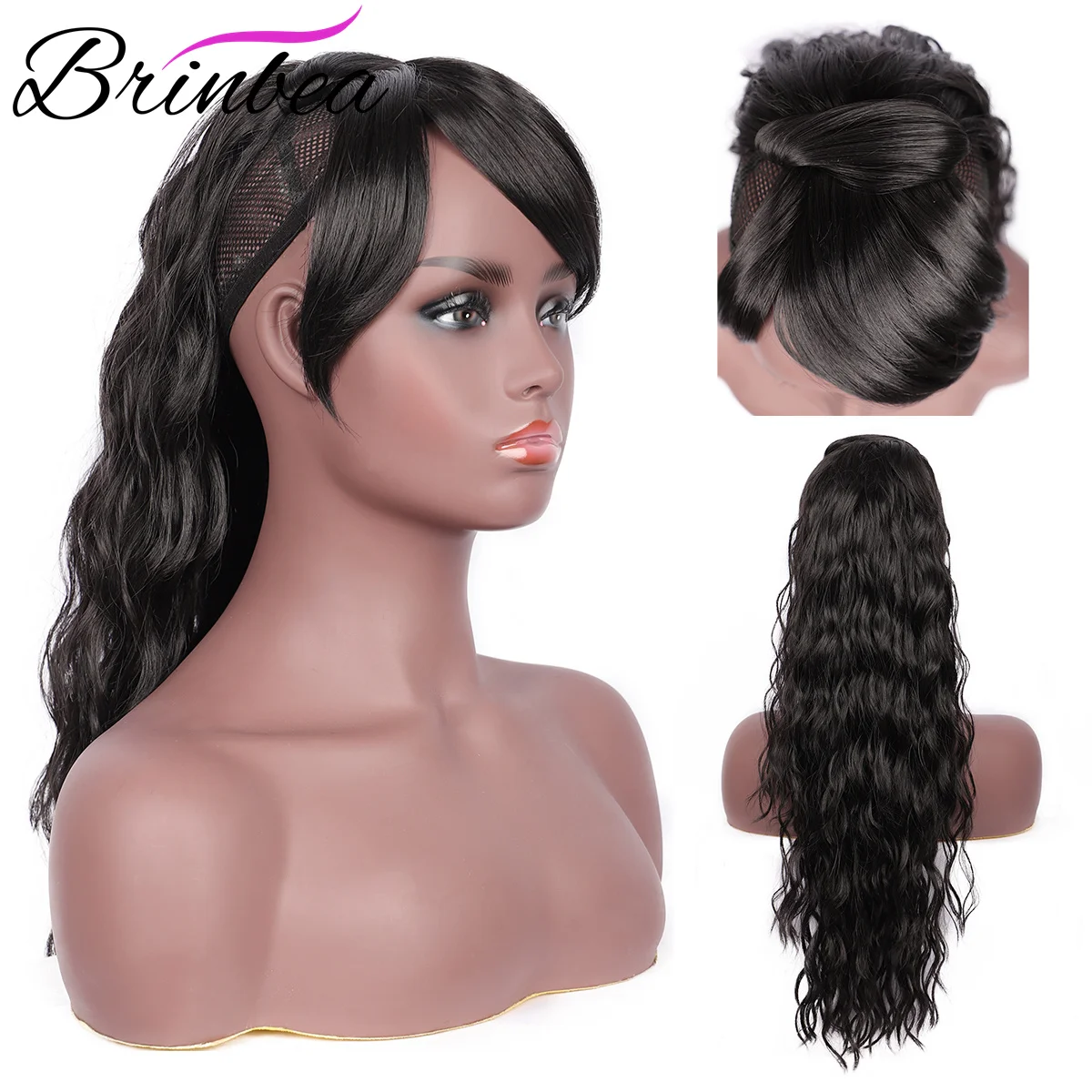 

Brinbea Synthetic Drawstring Curly Wavy Ponytail with Wispy Hair Bangs 26" Hairpiece Side Fringe Clips for Women Hair Extensions