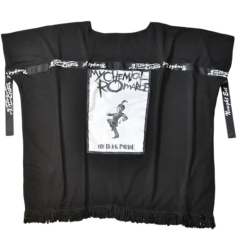 

Hip Hop Punk Patchwork Letter Print Ribbons Tassel Top Tee Men T-shirts Casual Black Loose Korean Style Streetwear Cardigan
