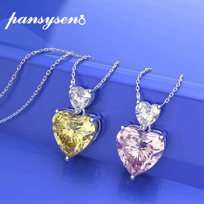 

PANSYSEN Romantic Heart Shape Created Moissanite Citrine Diamond Silver Necklace 100% Real Silver 925 Jewelry Pendant Necklaces